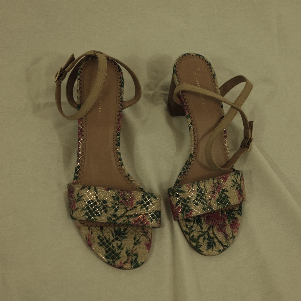 A by Anthropologie jacquard ankle wrap block heel sandals